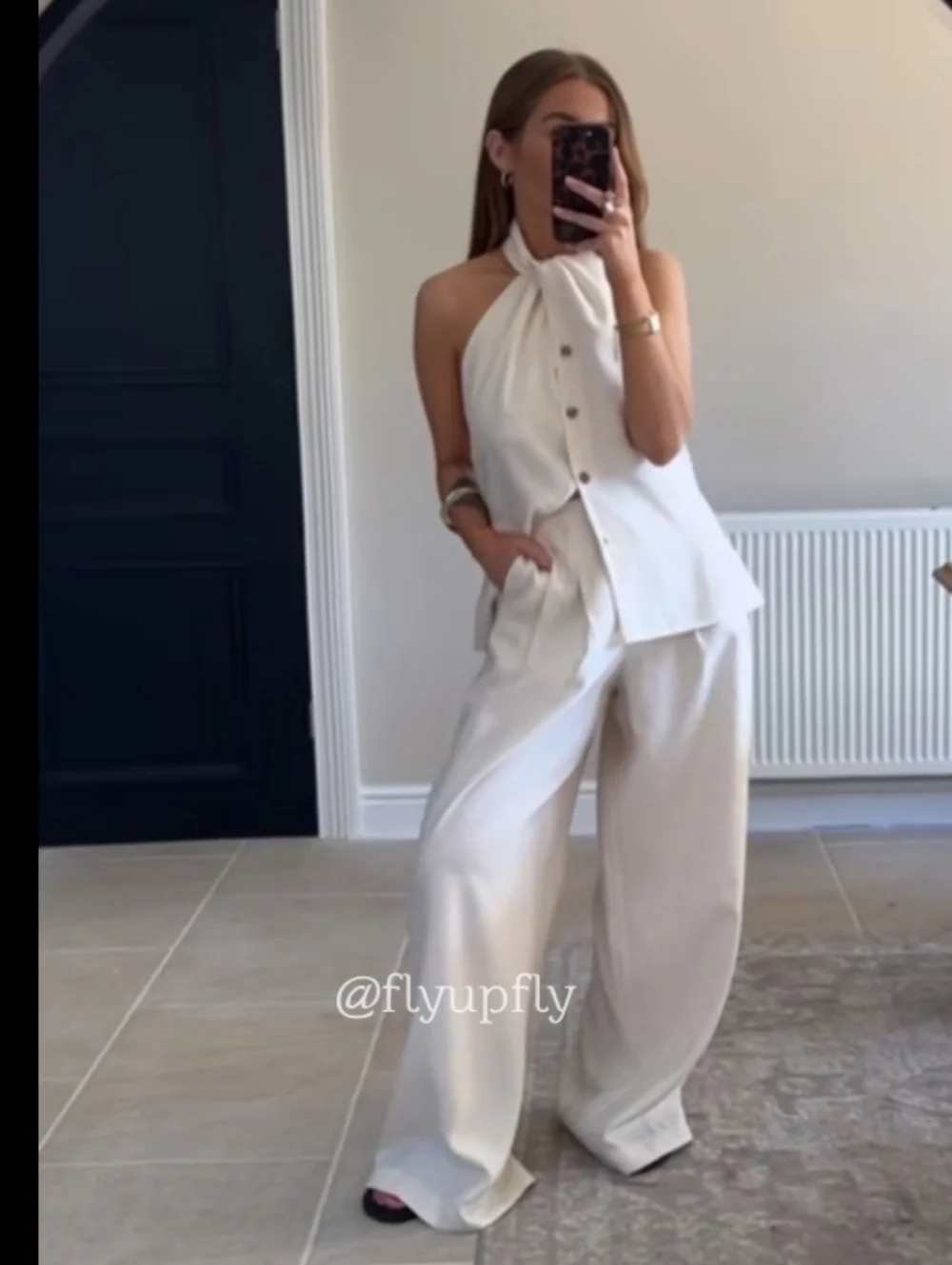 Zara Set 2pc Wide Leg Pants And Top Cream Size S